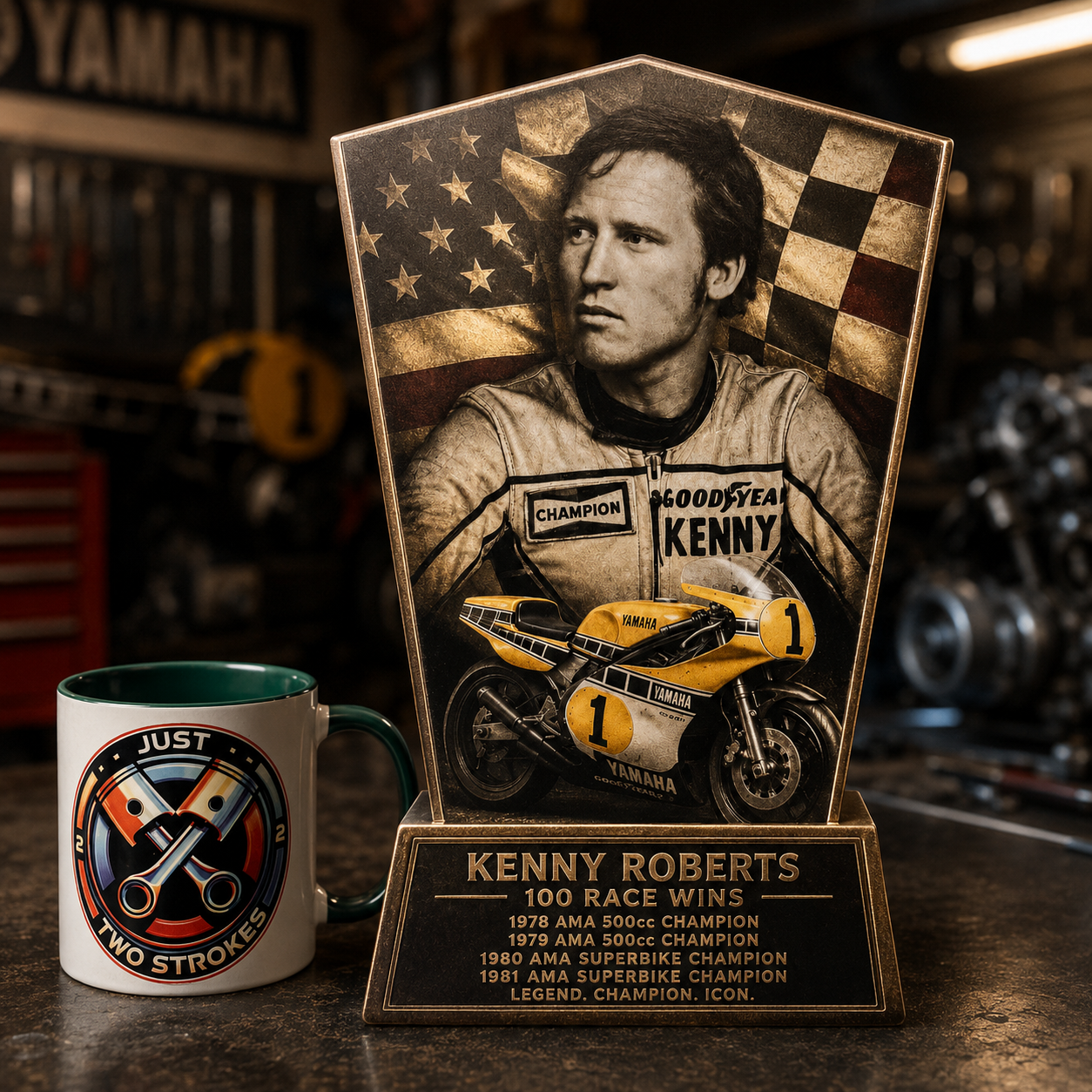 Kenny Roberts Inspired 3D Motorcycle Racing Lightbox – Classic Yamaha Racing Display with Detachable Stand