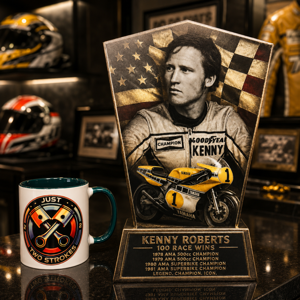 Kenny Roberts Inspired 3D Motorcycle Racing Lightbox – Classic Yamaha Racing Display with Detachable Stand