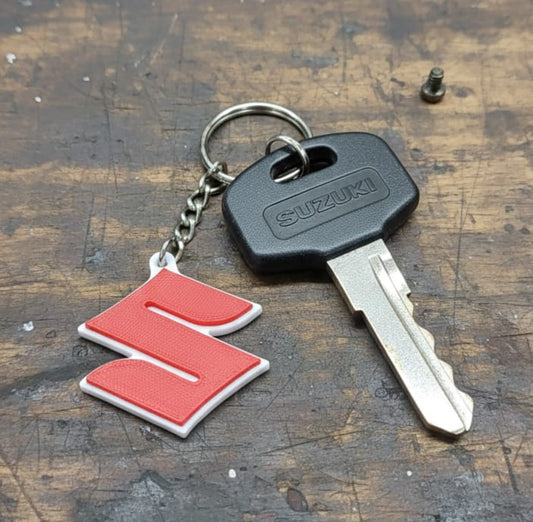 Suzuki "S" Logo 3D Printed Keyring – Racing Red & White
